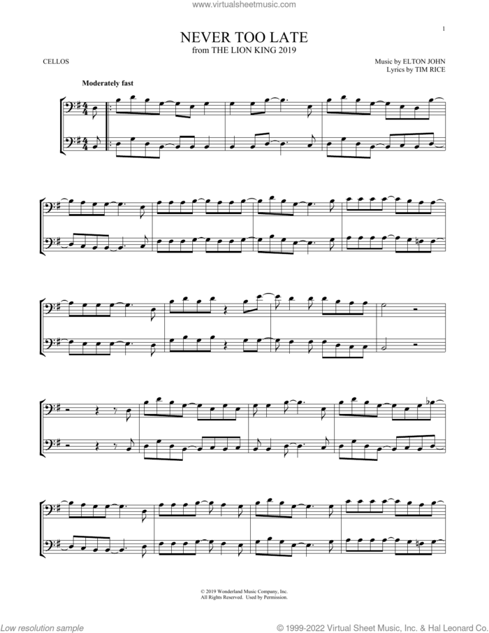 Never Too Late (from The Lion King 2019) sheet music for two cellos (duet, duets) by Elton John and Tim Rice, intermediate skill level
