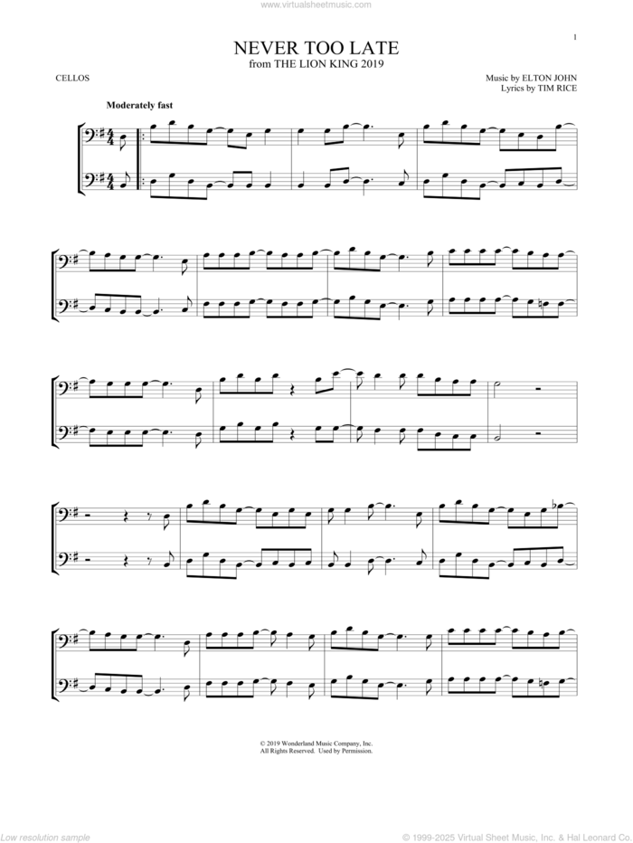 Never Too Late (from The Lion King 2019) sheet music for two cellos (duet, duets) by Elton John and Tim Rice, intermediate skill level