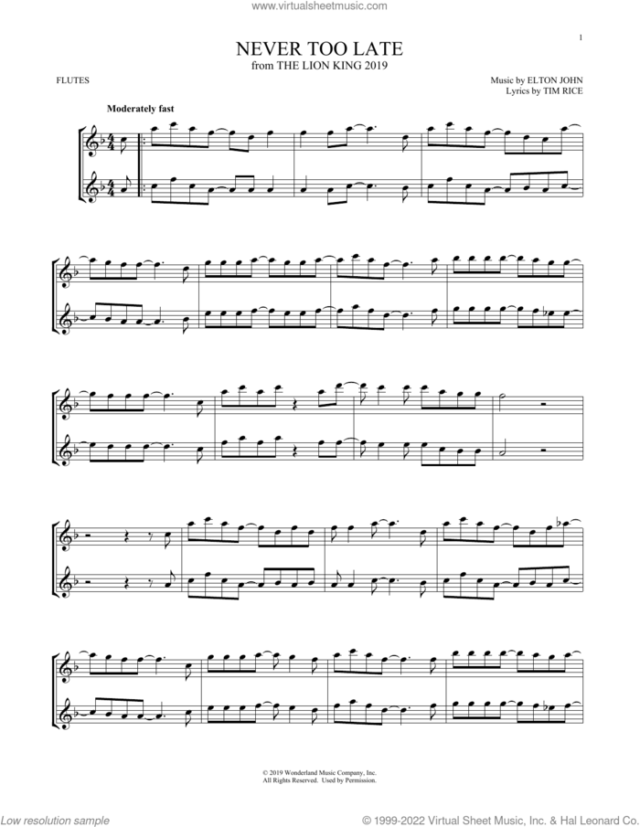 Never Too Late (from The Lion King 2019) sheet music for two flutes (duets) by Elton John and Tim Rice, intermediate skill level