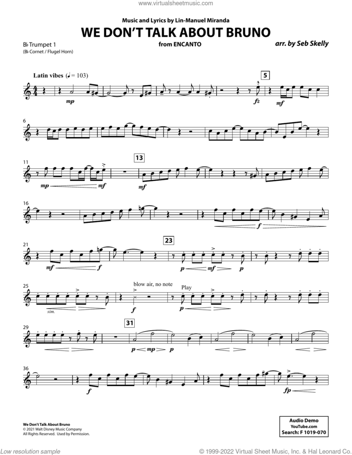 We Don't Talk About Bruno (from Encanto) (arr. Seb Skelly) sheet music for brass quintet (Bb trumpet 1) by Lin-Manuel Miranda and Seb Skelly, intermediate skill level