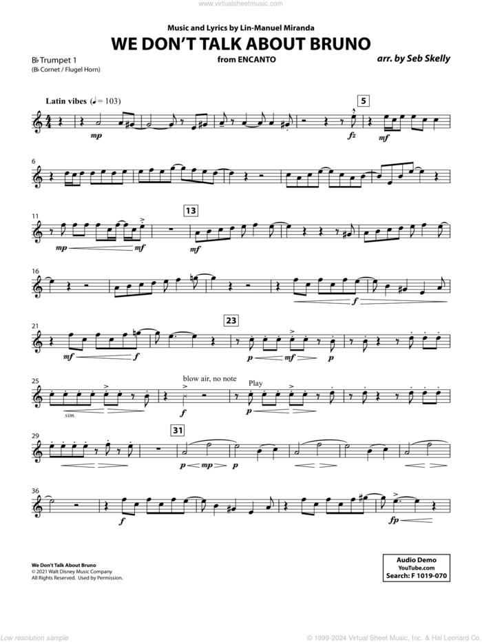 We Don't Talk About Bruno (from Encanto) (arr. Seb Skelly) sheet music for brass quintet (Bb trumpet 1) by Lin-Manuel Miranda and Seb Skelly, intermediate skill level