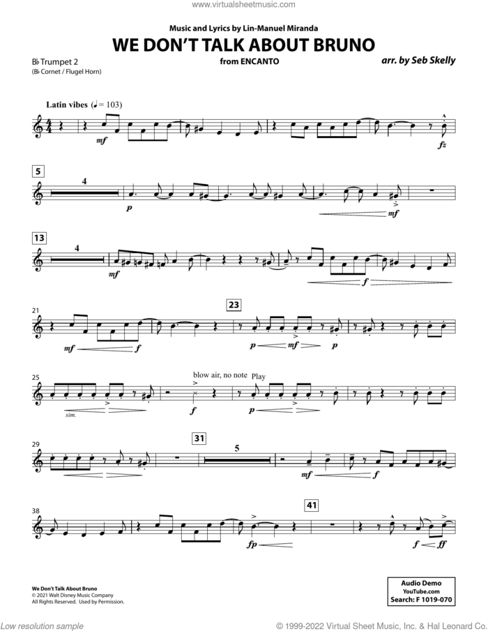 We Don't Talk About Bruno (from Encanto) (arr. Seb Skelly) sheet music for brass quintet (Bb trumpet 2) by Lin-Manuel Miranda and Seb Skelly, intermediate skill level