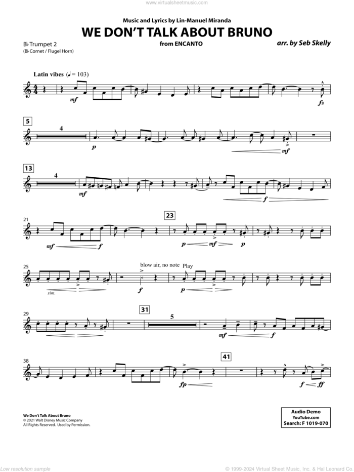 We Don't Talk About Bruno (from Encanto) (arr. Seb Skelly) sheet music for brass quintet (Bb trumpet 2) by Lin-Manuel Miranda and Seb Skelly, intermediate skill level