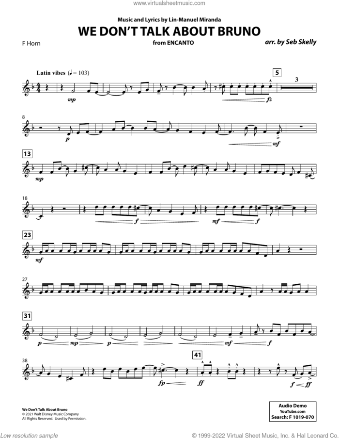 We Don't Talk About Bruno (from Encanto) (arr. Seb Skelly) sheet music for brass quintet (f horn) by Lin-Manuel Miranda and Seb Skelly, intermediate skill level