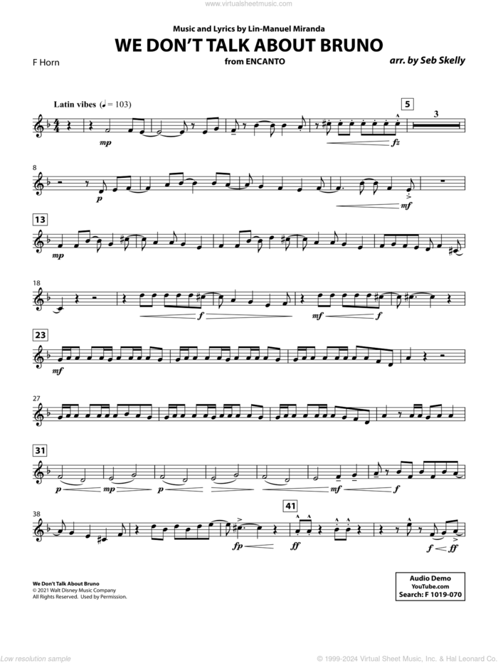 We Don't Talk About Bruno (from Encanto) (arr. Seb Skelly) sheet music for brass quintet (f horn) by Lin-Manuel Miranda and Seb Skelly, intermediate skill level