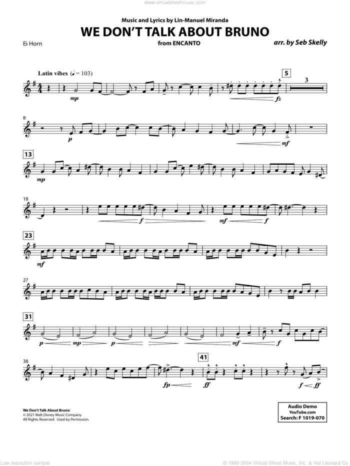 We Don't Talk About Bruno (from Encanto) (arr. Seb Skelly) sheet music for brass quintet (Eb horn) by Lin-Manuel Miranda and Seb Skelly, intermediate skill level