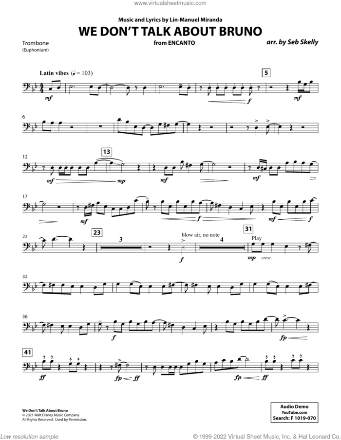 We Don't Talk About Bruno (from Encanto) (arr. Seb Skelly) sheet music for brass quintet (trombone) by Lin-Manuel Miranda and Seb Skelly, intermediate skill level