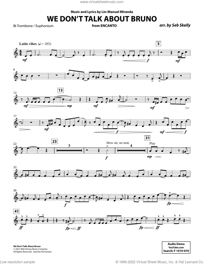 We Don't Talk About Bruno (from Encanto) (arr. Seb Skelly) sheet music for brass quintet (Bb trombone / euphonium t.c.) by Lin-Manuel Miranda and Seb Skelly, intermediate skill level