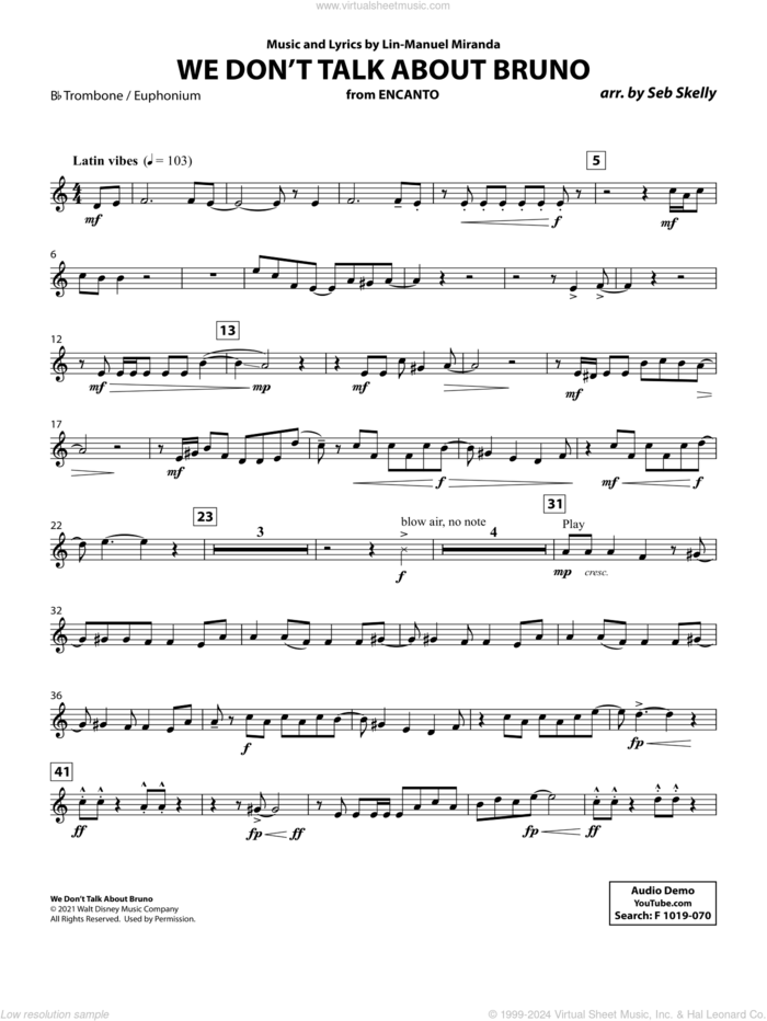 We Don't Talk About Bruno (from Encanto) (arr. Seb Skelly) sheet music for brass quintet (Bb trombone / euphonium t.c.) by Lin-Manuel Miranda and Seb Skelly, intermediate skill level