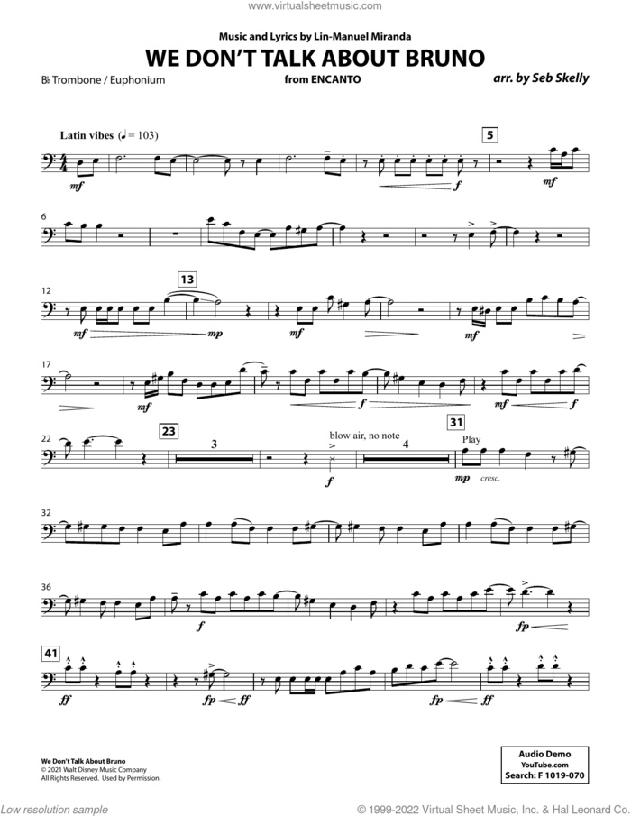 We Don't Talk About Bruno (from Encanto) (arr. Seb Skelly) sheet music for brass quintet (Bb trombone / euphonium b.c.) by Lin-Manuel Miranda and Seb Skelly, intermediate skill level