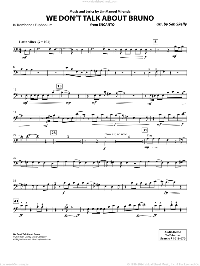 We Don't Talk About Bruno (from Encanto) (arr. Seb Skelly) sheet music for brass quintet (Bb trombone / euphonium b.c.) by Lin-Manuel Miranda and Seb Skelly, intermediate skill level