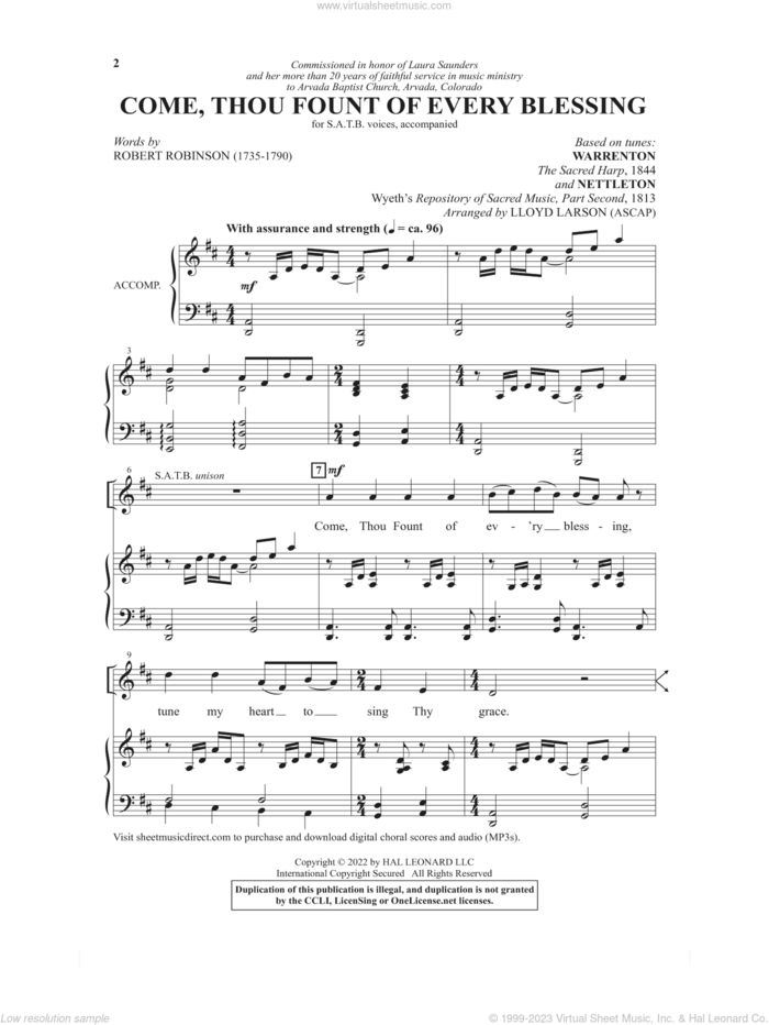 Come, Thou Fount Of Every Blessing (arr. Lloyd Larson) sheet music for choir (SATB: soprano, alto, tenor, bass) by Robert Robinson and Lloyd Larson, intermediate skill level