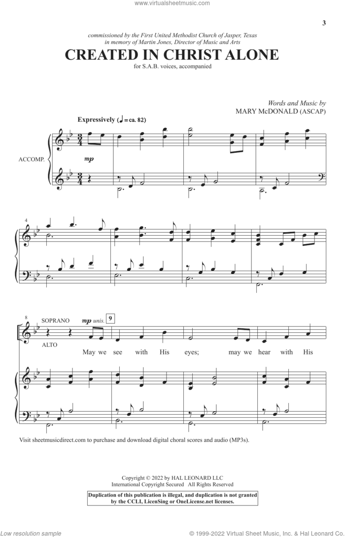 Created In Christ Alone sheet music for choir (SAB: soprano, alto, bass) by Mary McDonald, intermediate skill level