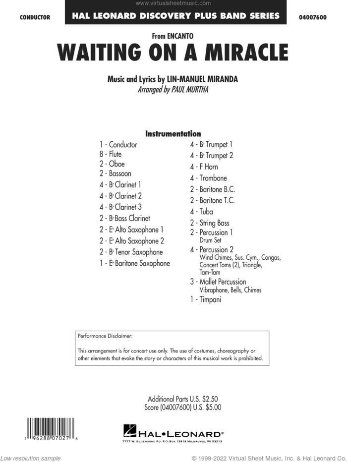 Waiting On A Miracle (from Encanto) (arr. Paul Murtha) (COMPLETE) sheet music for concert band by Paul Murtha and Lin-Manuel Miranda, intermediate skill level