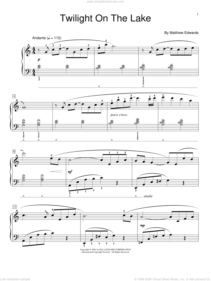 Twilight On The Lake sheet music for piano solo (elementary) by Matthew Edwards and Steve Rushton, beginner piano (elementary)