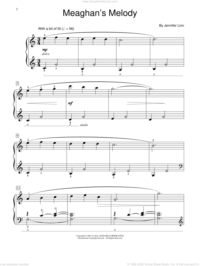 Meaghan's Melody sheet music for piano solo (elementary) by Jennifer Linn, Miscellaneous and Steve Rushton, beginner piano (elementary)