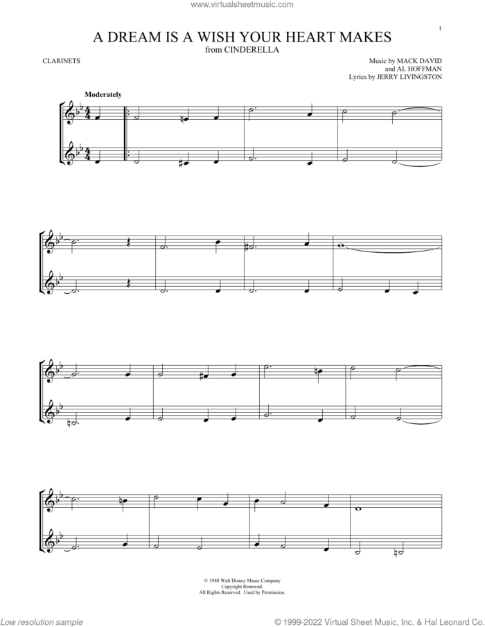 A Dream Is A Wish Your Heart Makes (from Cinderella) sheet music for two clarinets (duets) by Al Hoffman, Ilene Woods, Linda Ronstadt, Jerry Livingston and Mack David, intermediate skill level