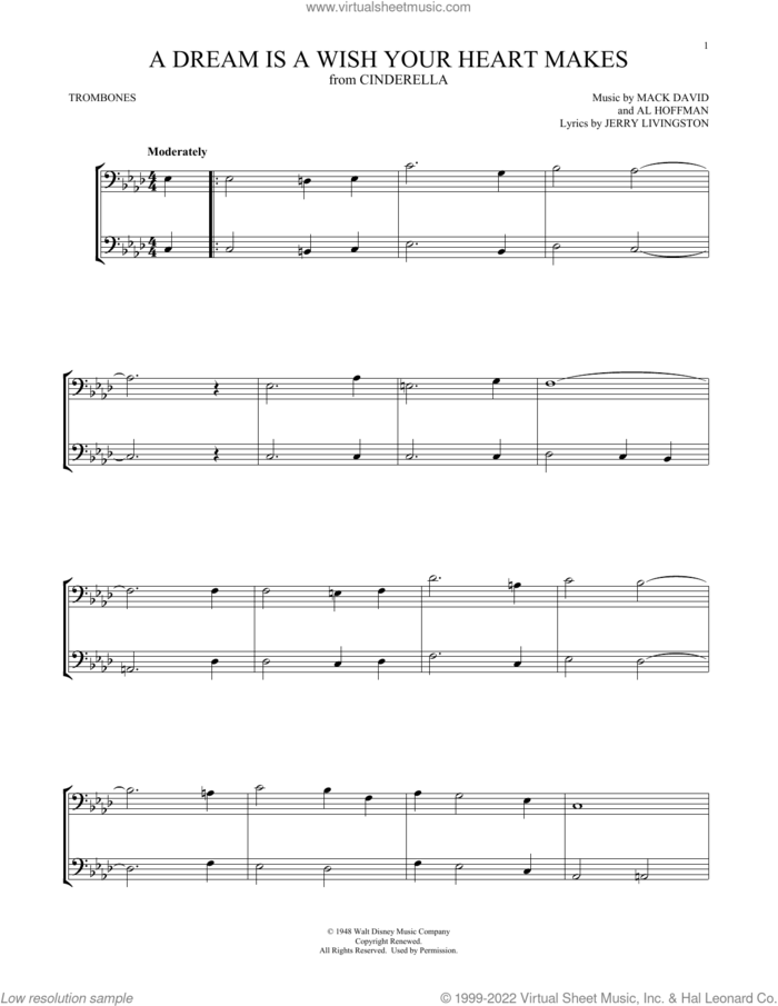 A Dream Is A Wish Your Heart Makes (from Cinderella) sheet music for two trombones (duet, duets) by Al Hoffman, Ilene Woods, Linda Ronstadt, Jerry Livingston and Mack David, intermediate skill level