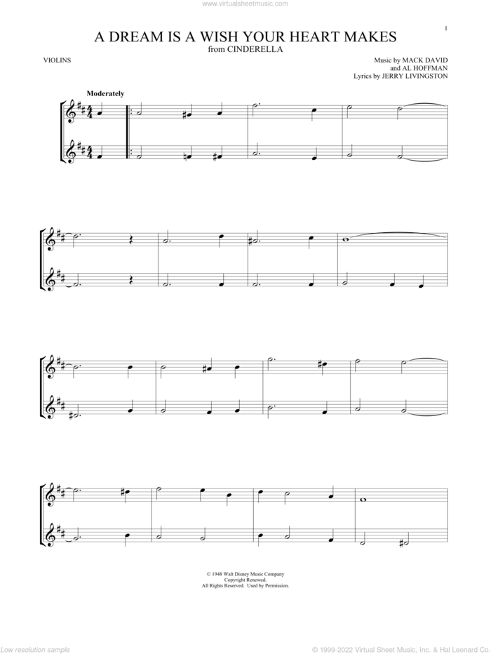 A Dream Is A Wish Your Heart Makes (from Cinderella) sheet music for two violins (duets, violin duets) by Al Hoffman, Ilene Woods, Linda Ronstadt, Jerry Livingston and Mack David, intermediate skill level