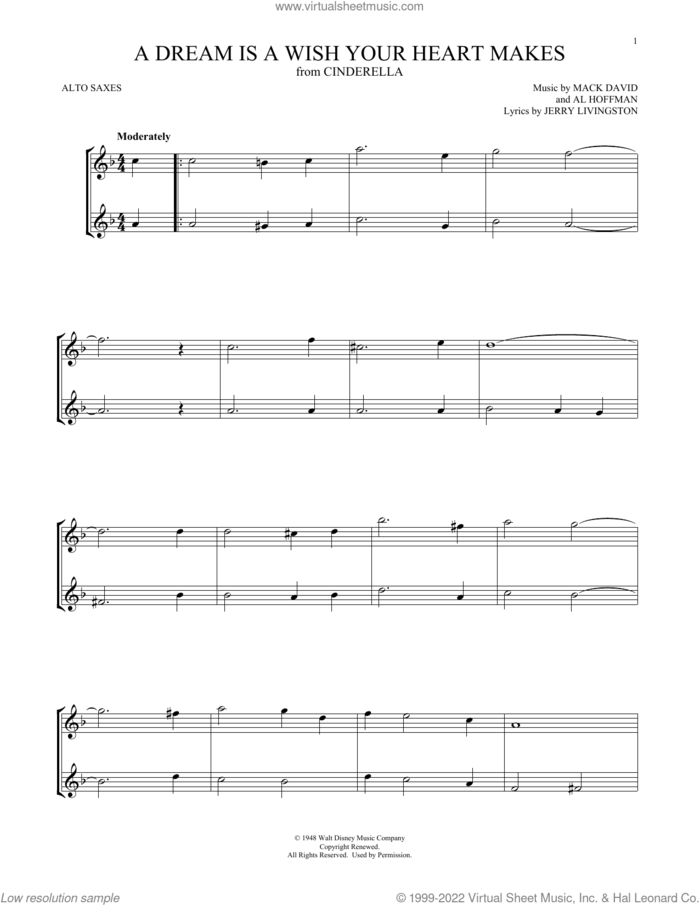 A Dream Is A Wish Your Heart Makes (from Cinderella) sheet music for two alto saxophones (duets) by Al Hoffman, Ilene Woods, Linda Ronstadt, Jerry Livingston and Mack David, intermediate skill level