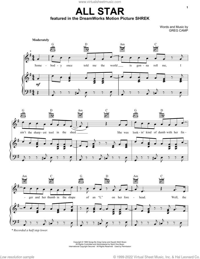 All Star sheet music for voice, piano or guitar by Smash Mouth and Greg Camp, intermediate skill level