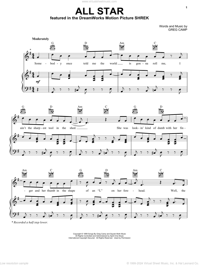 All Star sheet music for voice, piano or guitar by Smash Mouth and Greg Camp, intermediate skill level