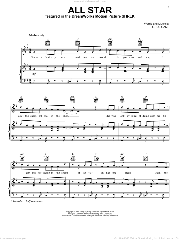 All Star sheet music for voice, piano or guitar by Smash Mouth and Greg Camp, intermediate skill level