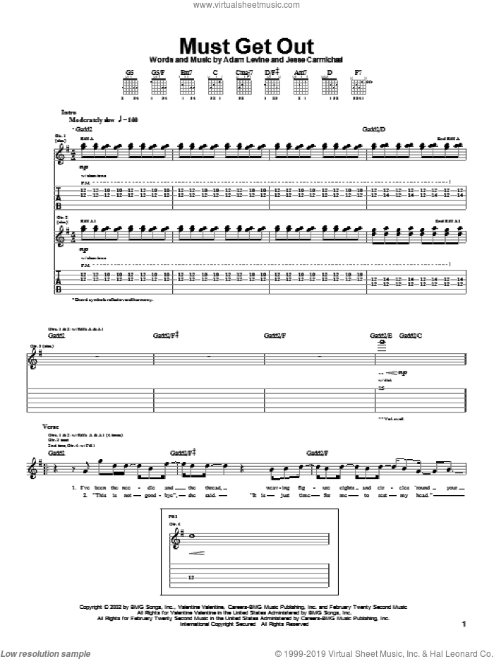 Must Get Out sheet music for guitar (tablature) by Maroon 5, Adam Levine and Jesse Carmichael, intermediate skill level
