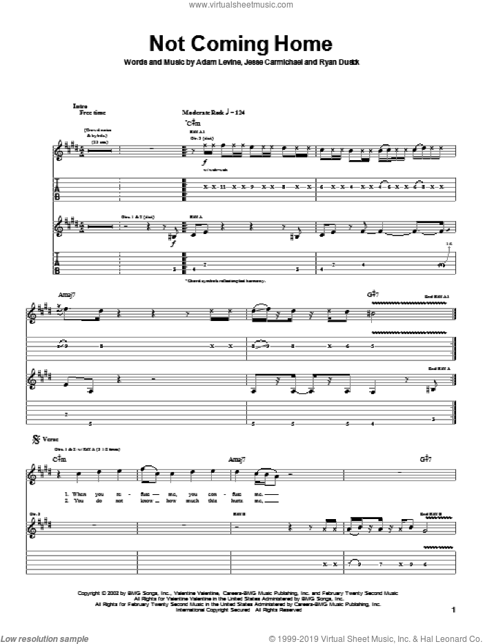 Not Coming Home sheet music for guitar (tablature) by Maroon 5, Adam Levine, Jesse Carmichael and Ryan Dusick, intermediate skill level