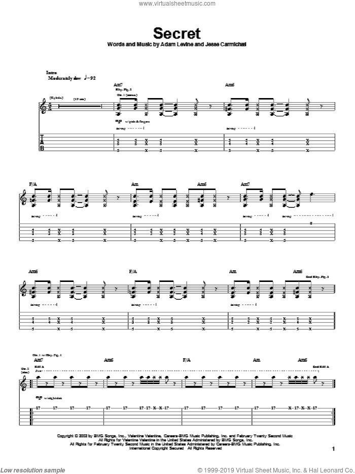 Secret sheet music for guitar (tablature) by Maroon 5, Adam Levine and Jesse Carmichael, intermediate skill level