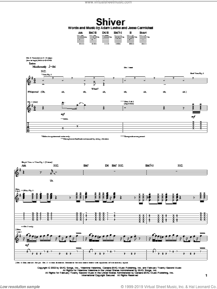 Shiver sheet music for guitar (tablature) by Maroon 5, Adam Levine and Jesse Carmichael, intermediate skill level