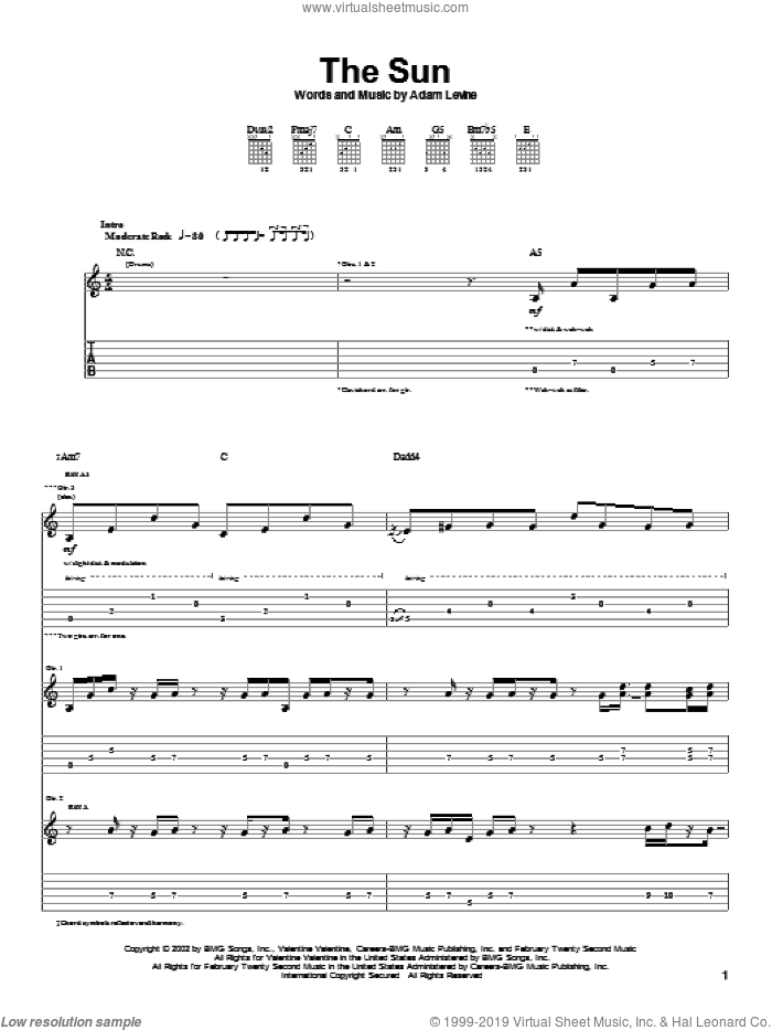 The Sun sheet music for guitar (tablature) by Maroon 5 and Adam Levine, intermediate skill level