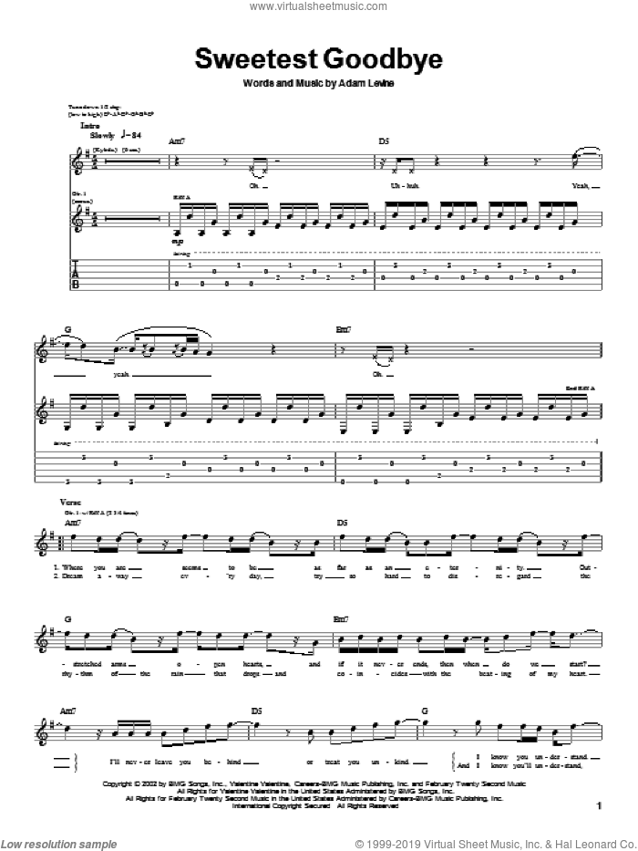 Sweetest Goodbye sheet music for guitar (tablature) by Maroon 5 and Adam Levine, intermediate skill level