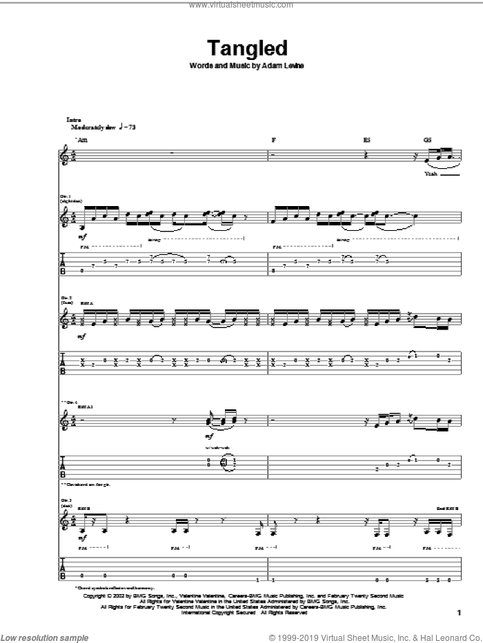 Tangled sheet music for guitar (tablature) by Maroon 5 and Adam Levine, intermediate skill level