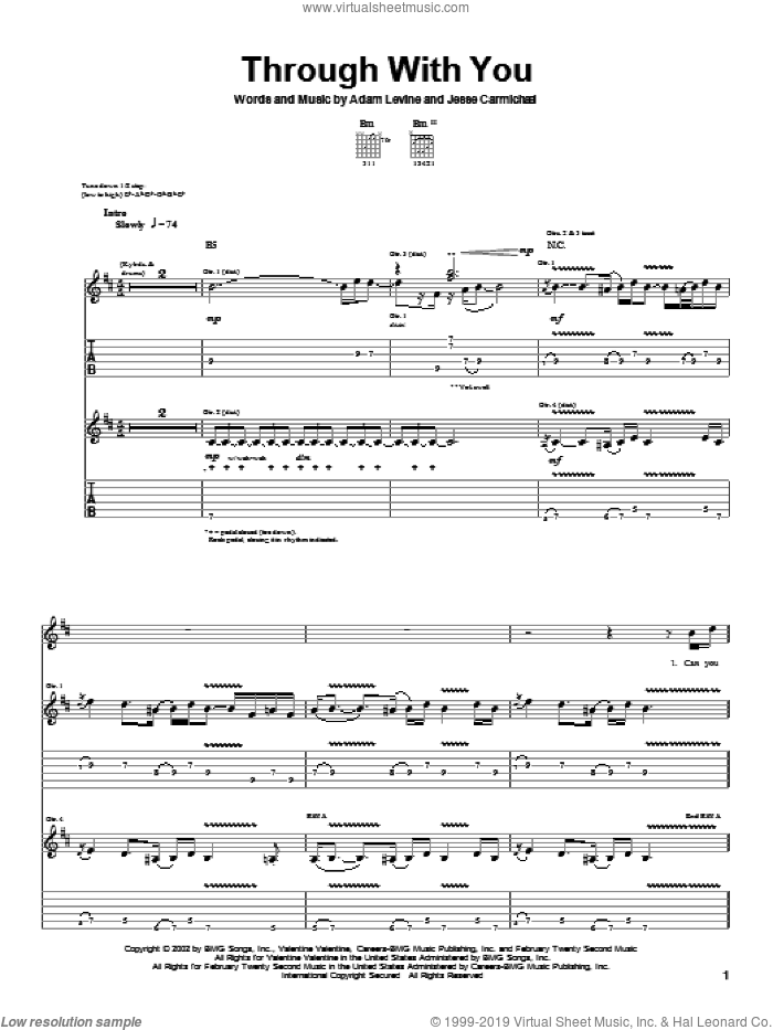 Through With You sheet music for guitar (tablature) by Maroon 5, Adam Levine and Jesse Carmichael, intermediate skill level