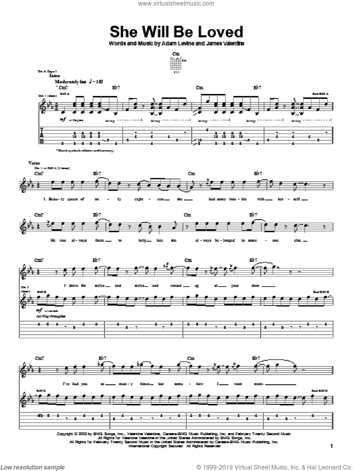 She Will Be Loved sheet music for guitar (tablature) by Maroon 5, Adam Levine and James Valentine, intermediate skill level