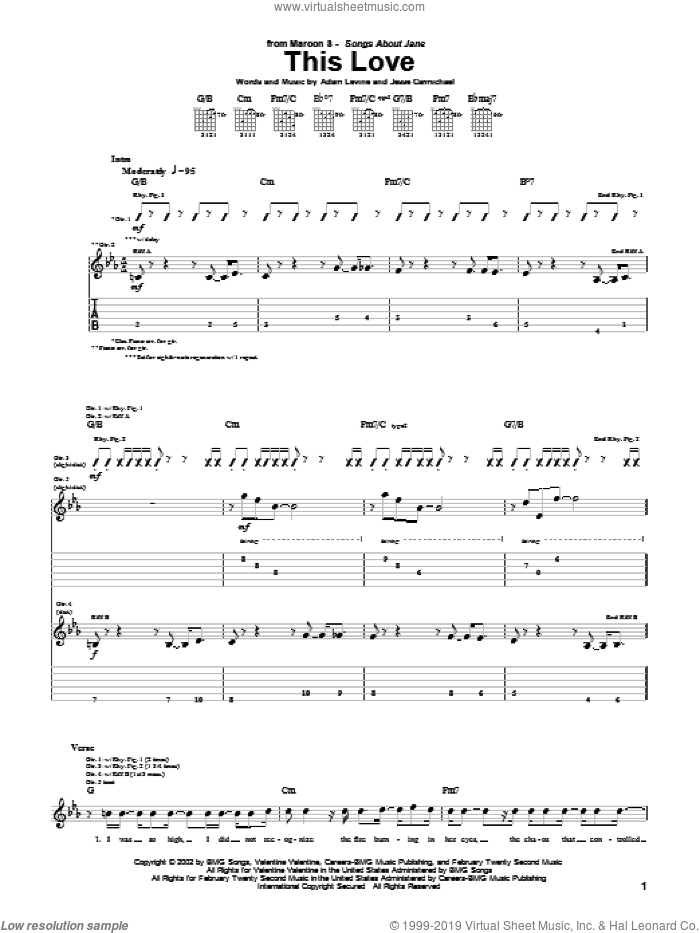 This Love sheet music for guitar (tablature) by Maroon 5, Adam Levine and Jesse Carmichael, intermediate skill level