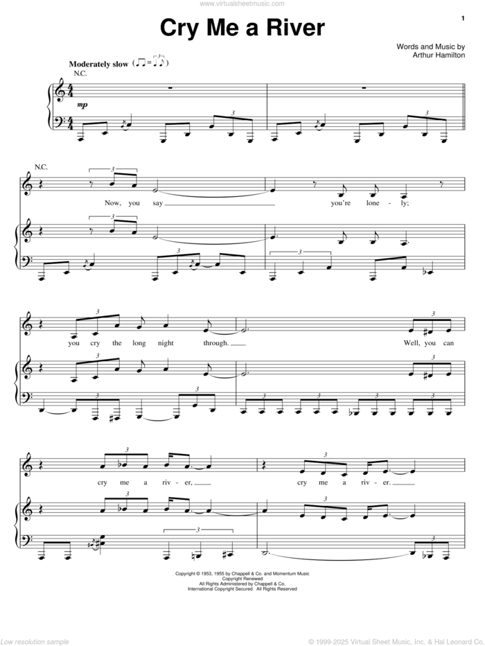 Cry Me A River sheet music for voice, piano or guitar by Barbra Streisand, Ella Fitzgerald, Julie London and Arthur Hamilton, intermediate skill level