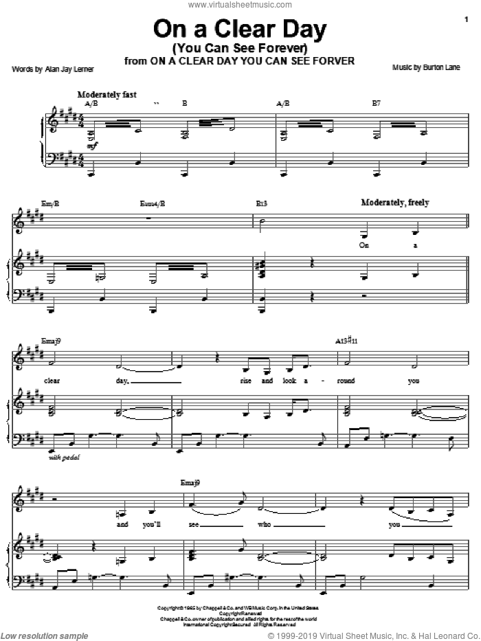 On A Clear Day (You Can See Forever) sheet music for voice, piano or guitar by Barbra Streisand, Johnny Mathis, Sarah Vaughan, Alan Jay Lerner and Burton Lane, intermediate skill level