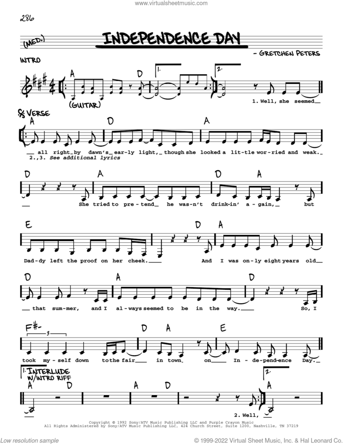 Independence Day sheet music for voice and other instruments (real book with lyrics) by Martina McBride and Gretchen Peters, intermediate skill level