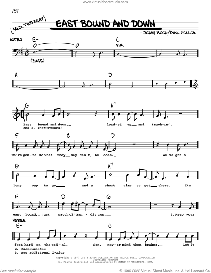 East Bound And Down sheet music for voice and other instruments (real book with lyrics) by Jerry Reed and Dick Feller, intermediate skill level