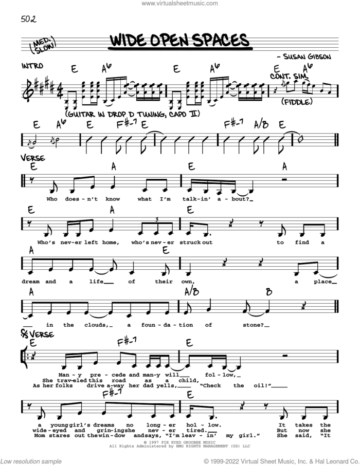Wide Open Spaces sheet music for voice and other instruments (real book with lyrics) by The Chicks and Susan Gibson, intermediate skill level