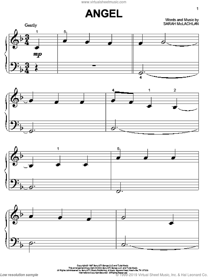 Angel sheet music for piano solo (big note book) by Sarah McLachlan, easy piano (big note book)