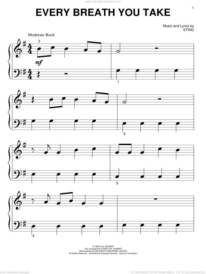 Every Breath You Take, (beginner) sheet music for piano solo by The Police and Sting, beginner skill level