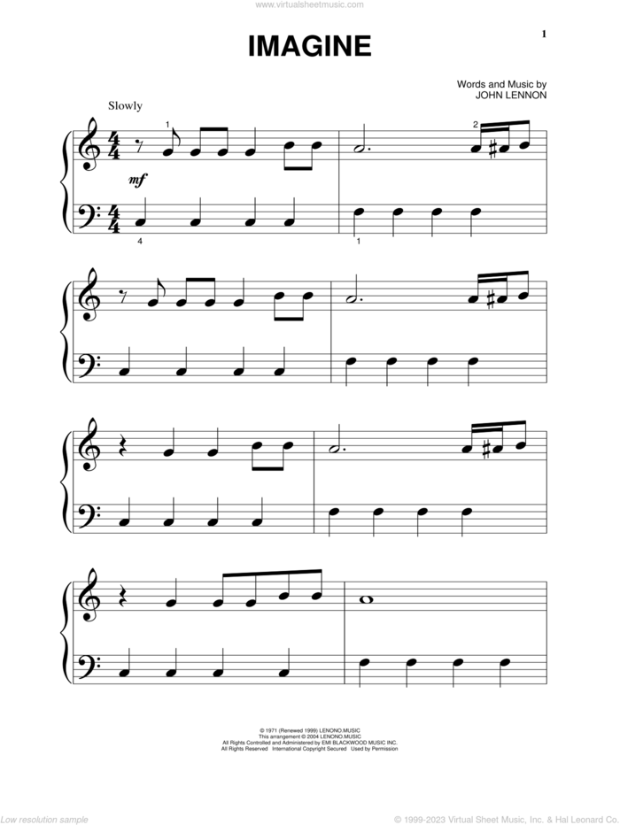 Imagine, (beginner) sheet music for piano solo by John Lennon, beginner skill level