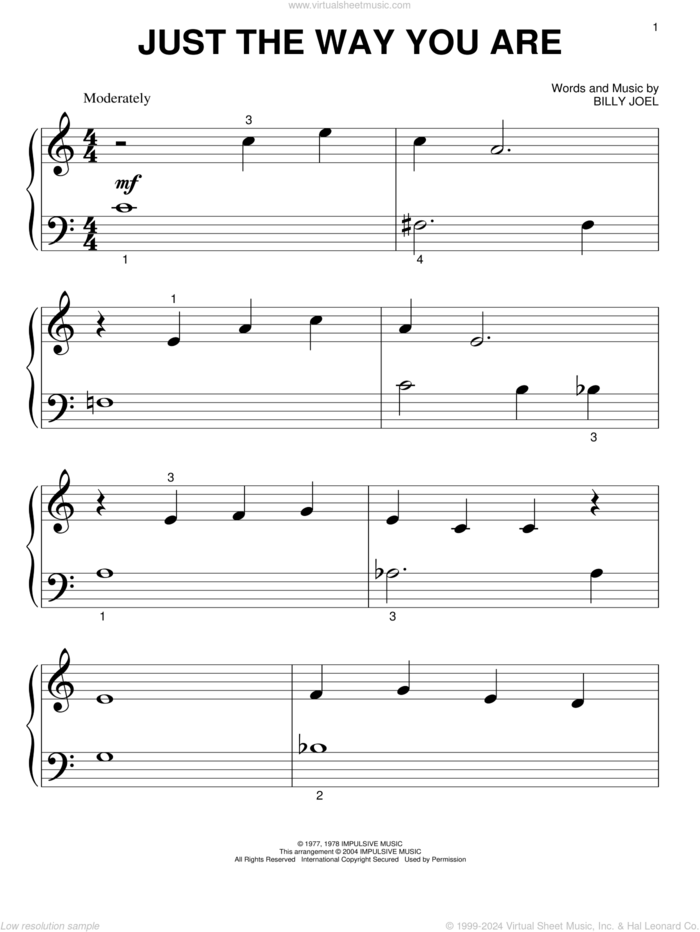 Just The Way You Are, (beginner) sheet music for piano solo by Billy Joel, wedding score, beginner skill level