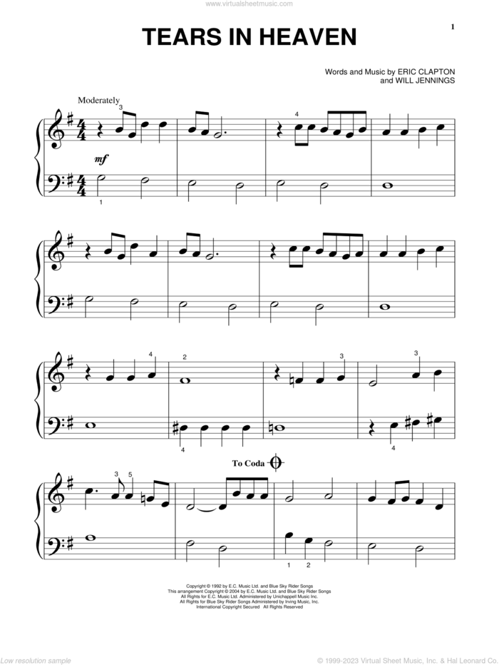 Tears In Heaven, (beginner) sheet music for piano solo by Eric Clapton and Will Jennings, beginner skill level