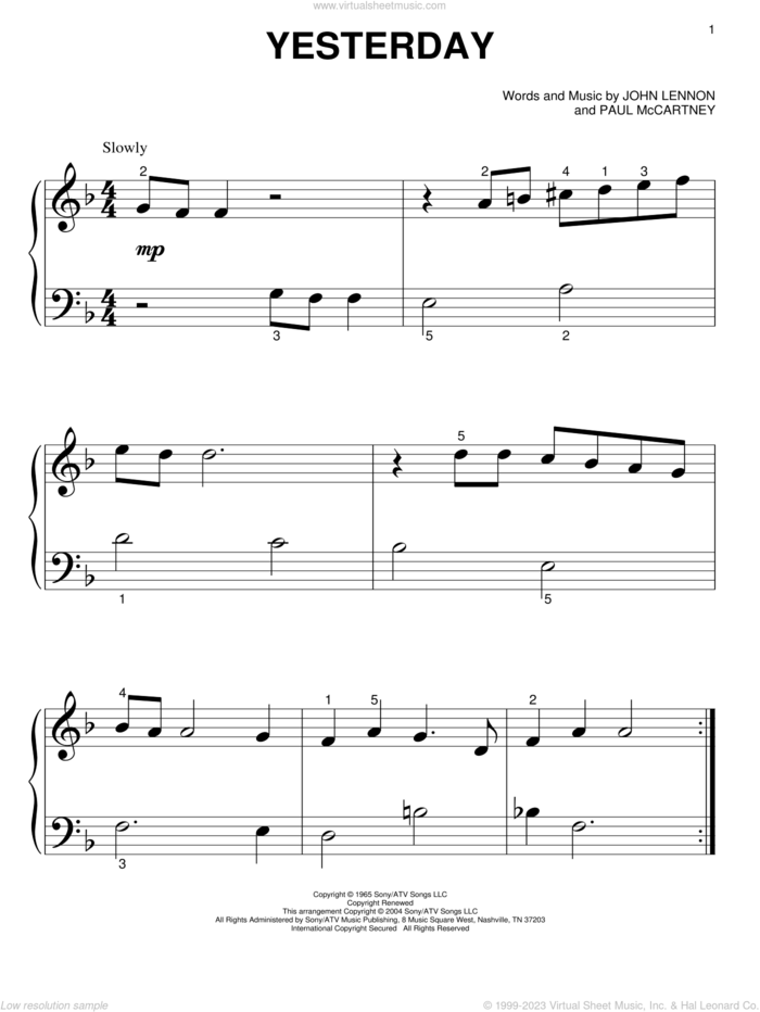 Yesterday, (beginner) sheet music for piano solo by The Beatles, John Lennon and Paul McCartney, beginner skill level