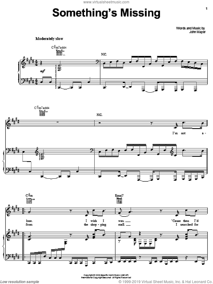 Something's Missing sheet music for voice, piano or guitar by John Mayer, intermediate skill level