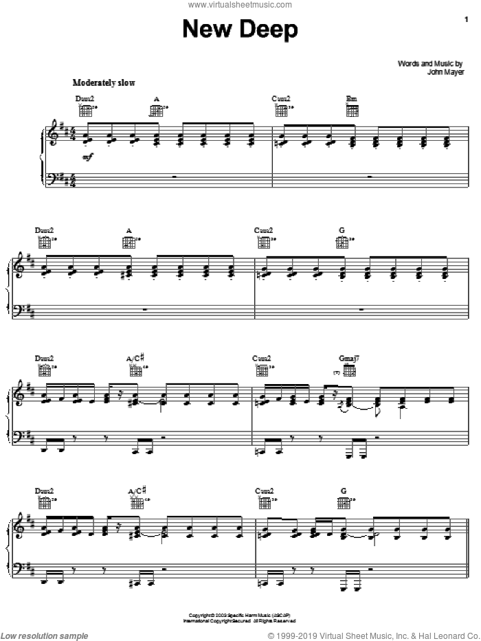 New Deep sheet music for voice, piano or guitar by John Mayer, intermediate skill level